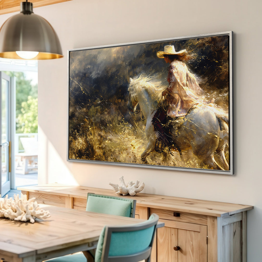 Framed Wall Art: Cowgirl on horseback canvas print. Dramatic, painterly style with gold and neutral tones. Perfect for rustic or western decor.