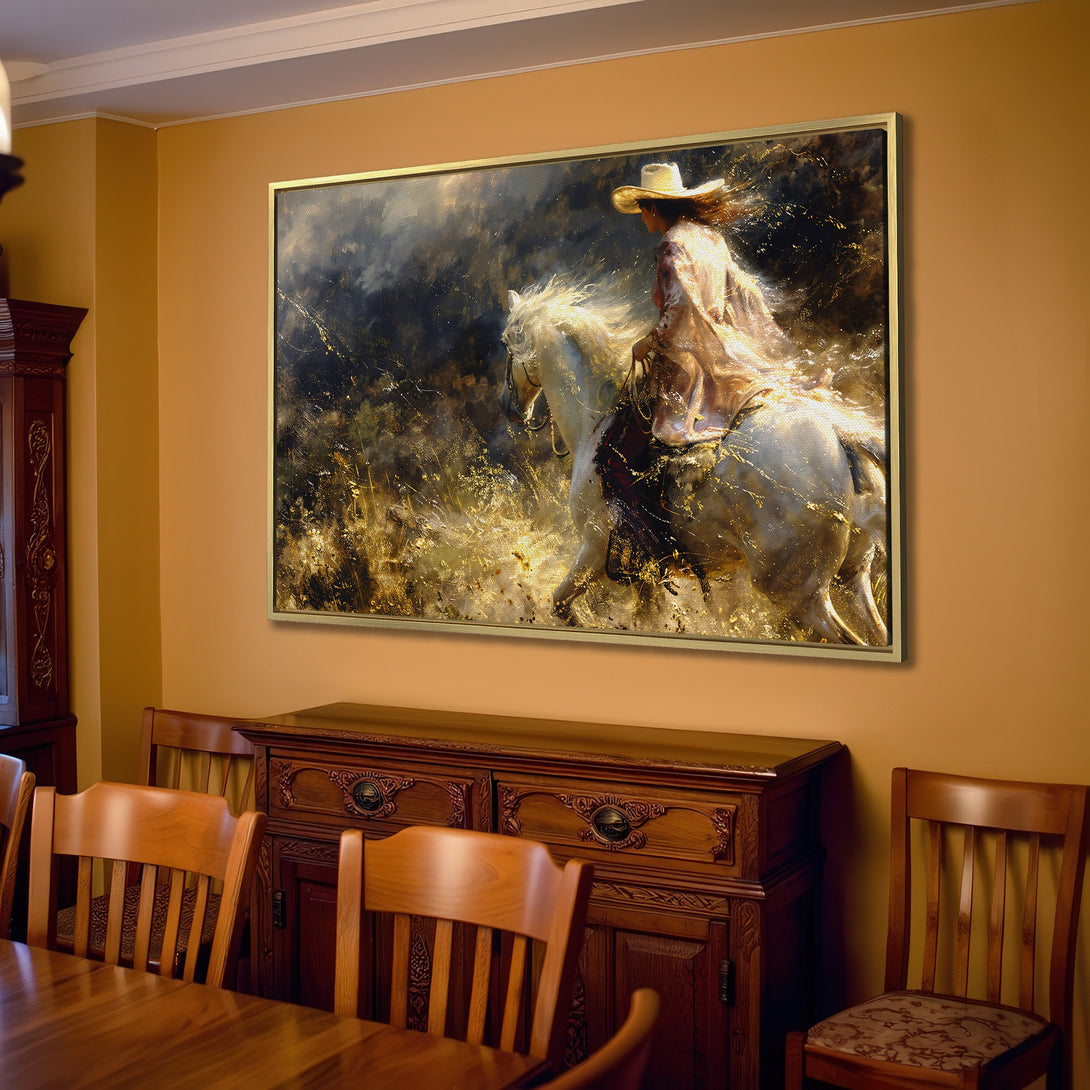 Canvas Print of a cowboy riding a horse, in a warm, golden color palette. Rustic style wall art for a cozy home.