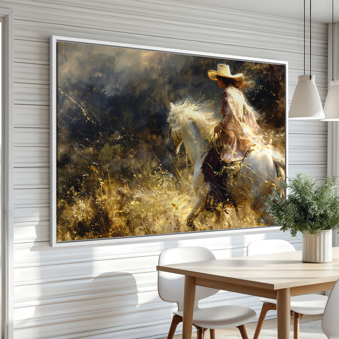 Framed Wall Art: Stunning painting of a cowgirl on a white horse, with a dramatic, painterly style. Warm gold and dark tones create a captivating focal point.