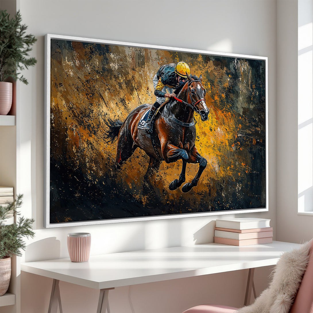 Framed Wall Art: Dynamic horse racing scene in abstract style. Earthy tones of gold, brown, and black create a striking Canvas Print for any space.