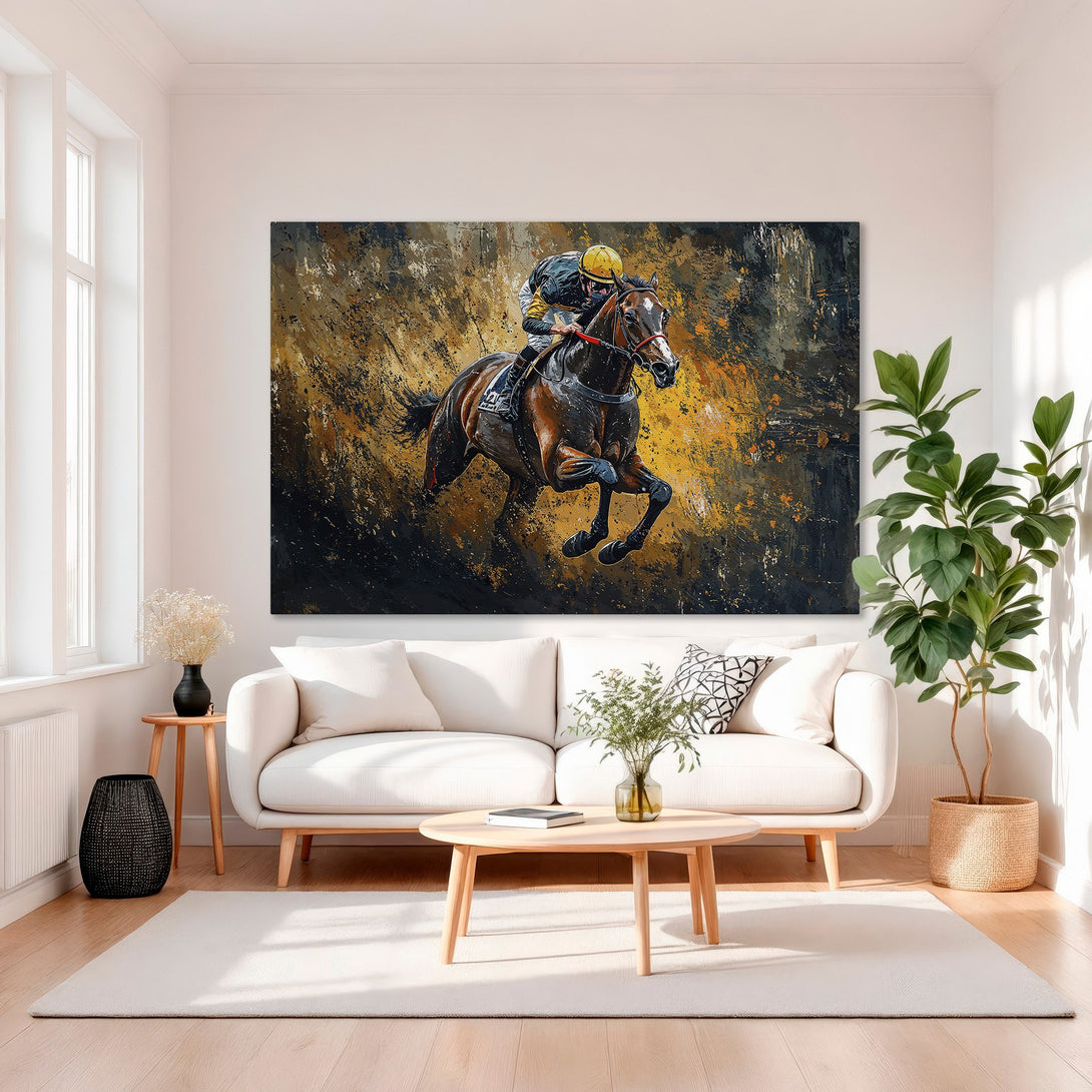 Framed Wall Art: Abstract horse racing canvas print with warm gold, brown, and black tones. Modern equestrian art for home decor.