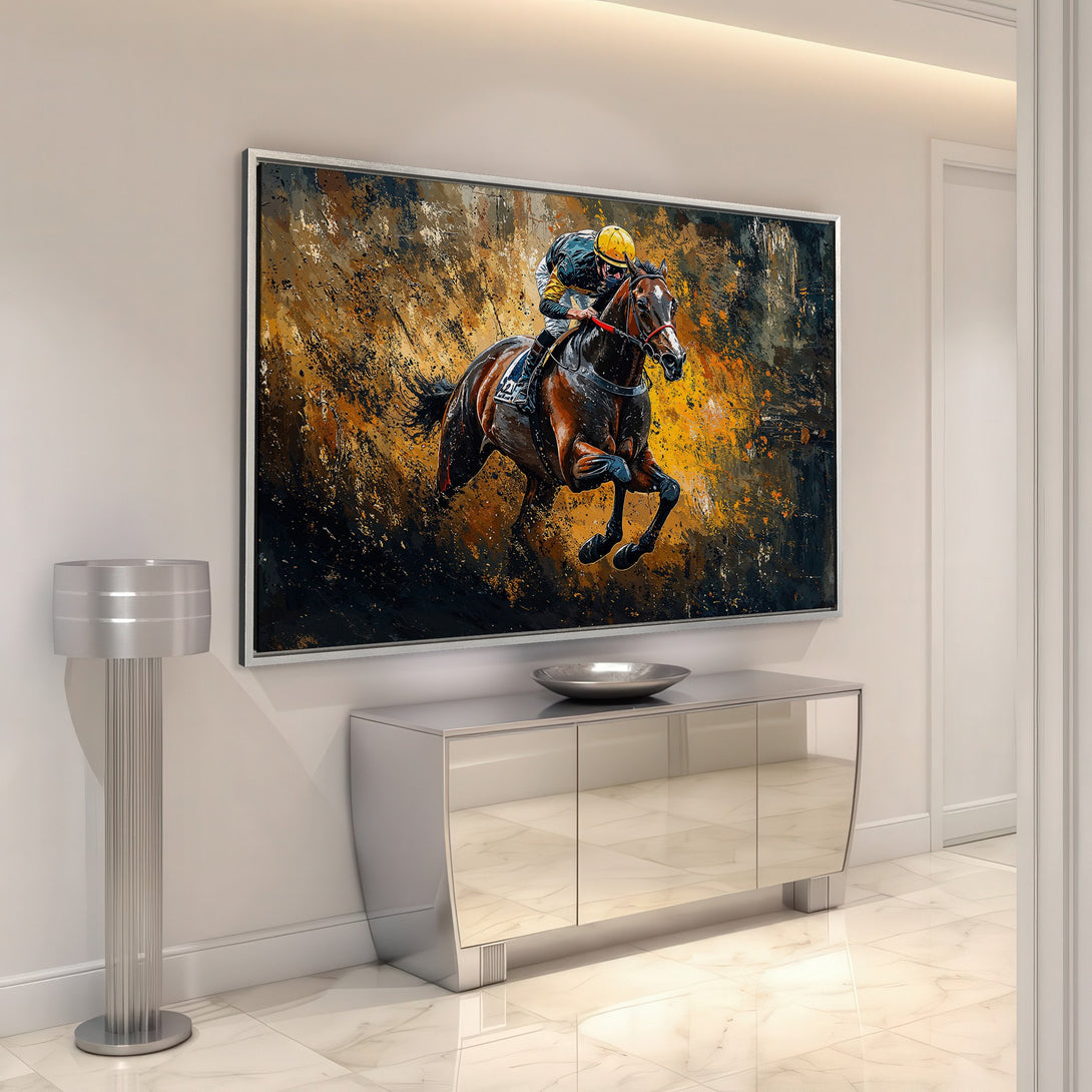 Framed Wall Art: Dynamic horse racing canvas print in warm gold and brown tones. Elevate your space with this stunning abstract equestrian artwork.