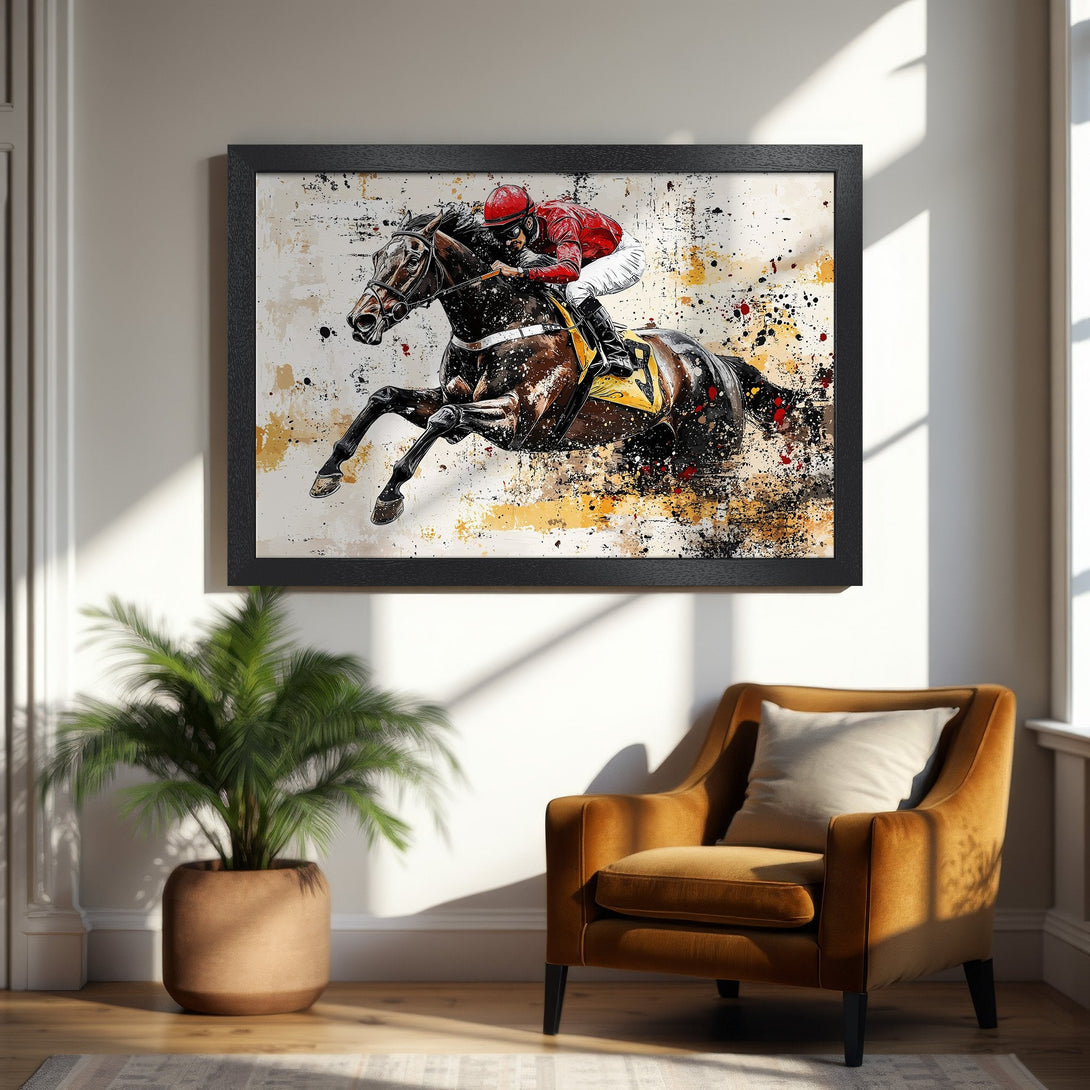 Framed Poster of a racehorse and jockey in motion, abstract style with a warm, earthy color palette. Perfect art for any space!