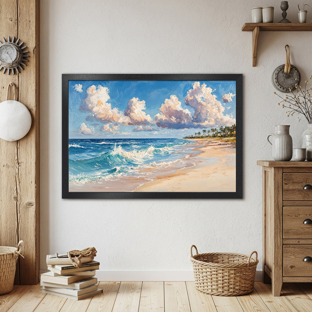 Framed Poster of a beach scene with blue, white, and beige hues. Perfect wall art for coastal decor.