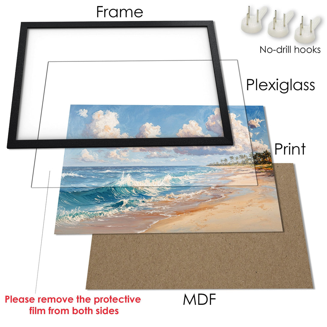 Framed Poster of a beach scene in a vibrant blue and beige palette. Enhance your space with this stunning art print!