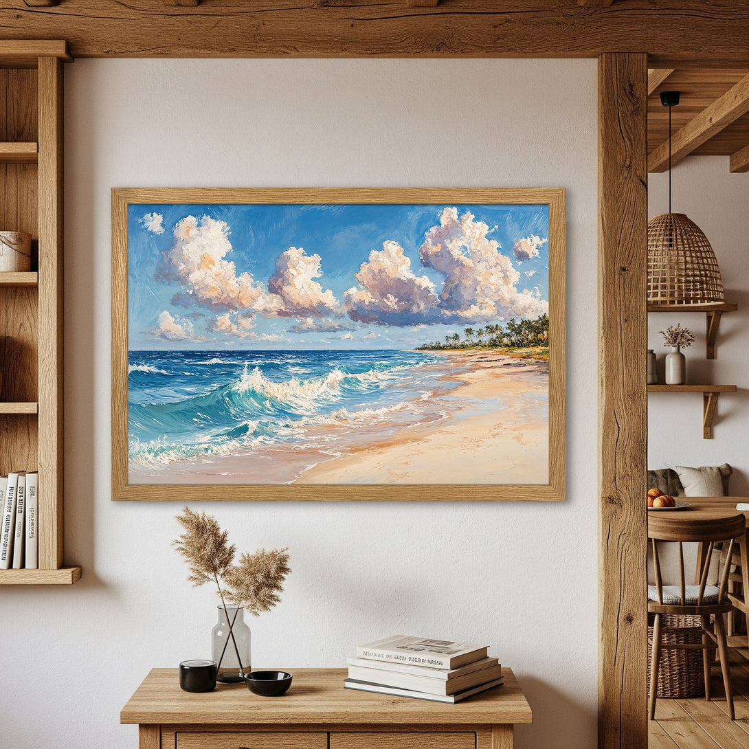 Framed Poster of a beach scene painting in a coastal style, featuring blue, white, and beige colors. Perfect wall decor!