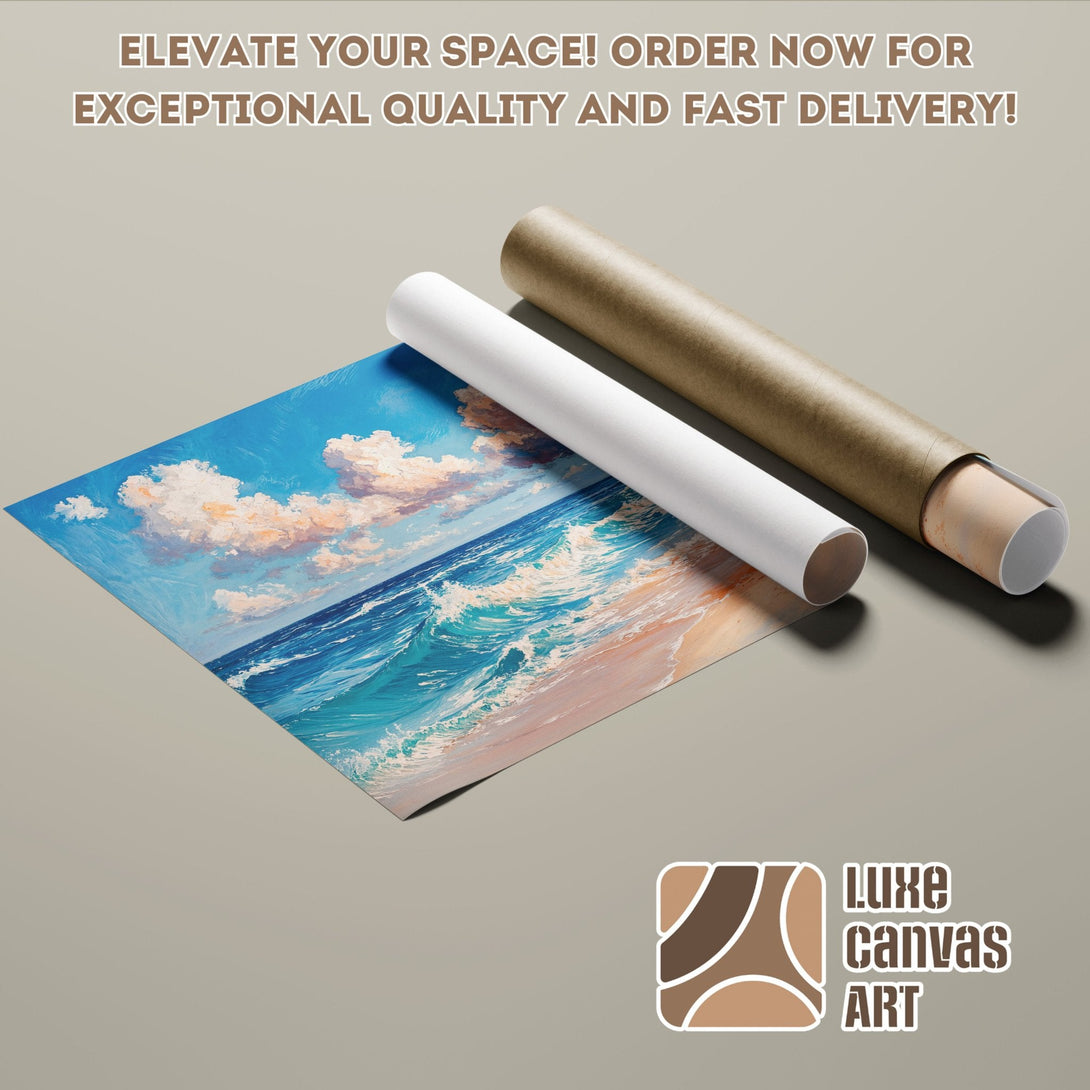 Ocean wave art Poster Roll, vibrant blue and beige palette, perfect for coastal decor.