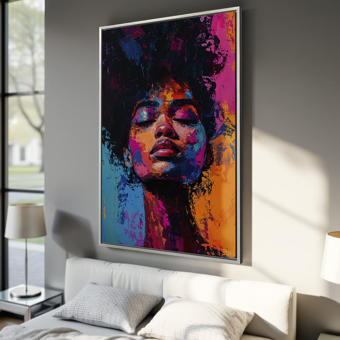 Framed Wall Art: Abstract portrait of a woman with closed eyes. Vibrant, colorful palette of blues, pinks, and oranges. Modern art for your home!