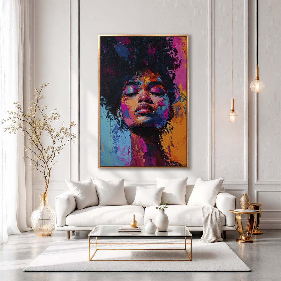 Framed Wall Art: Vibrant portrait of a woman with closed eyes, abstract style, featuring a colorful palette of pink, blue, orange, and black. Perfect home decor.