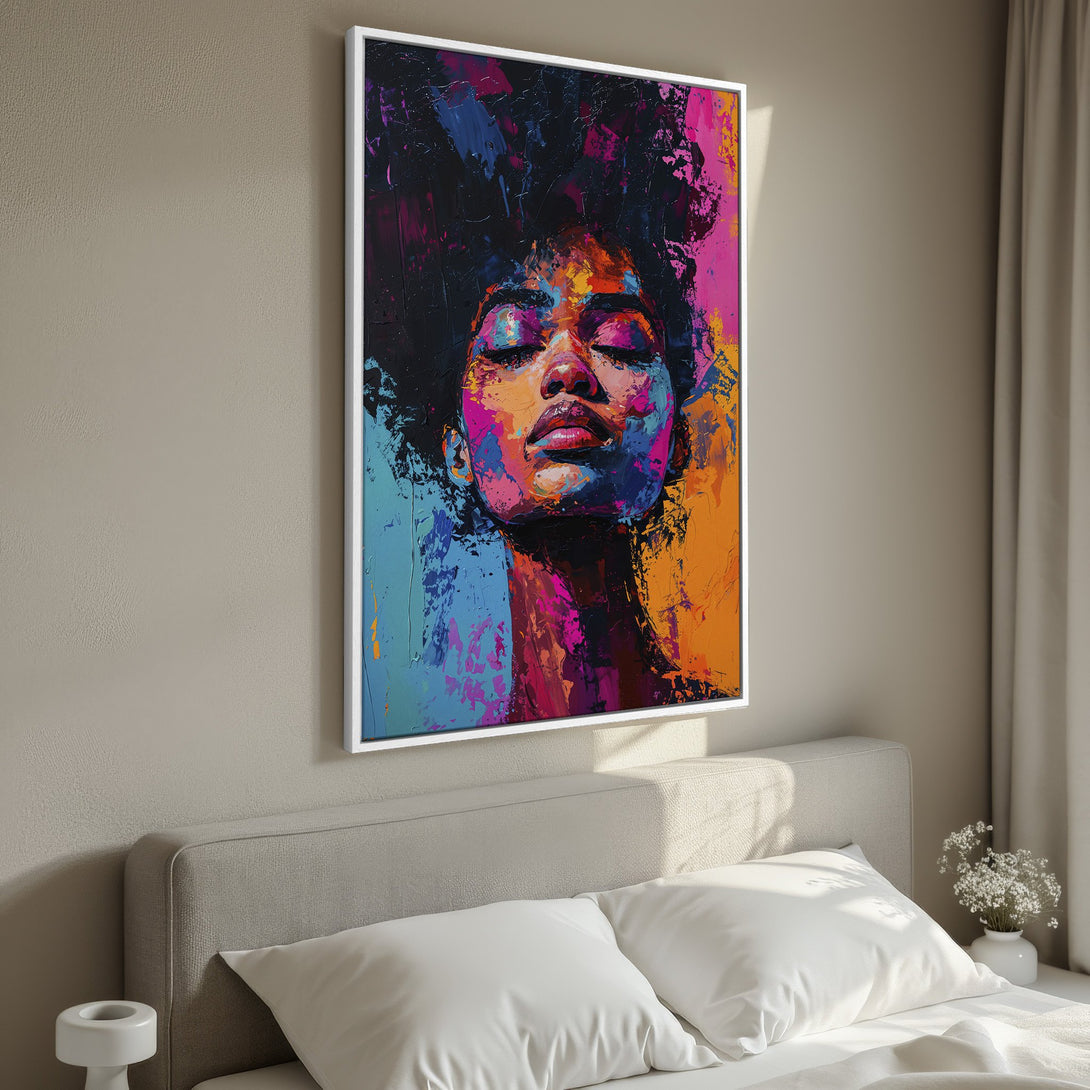 Framed Wall Art: Abstract portrait of a woman in vibrant colors. Modern art canvas print with a bold, colorful palette for stylish interiors.