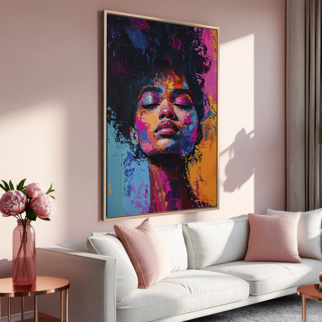 Framed Wall Art: Vibrant abstract portrait canvas print with a colorful palette. Perfect for adding a pop of art to any space.