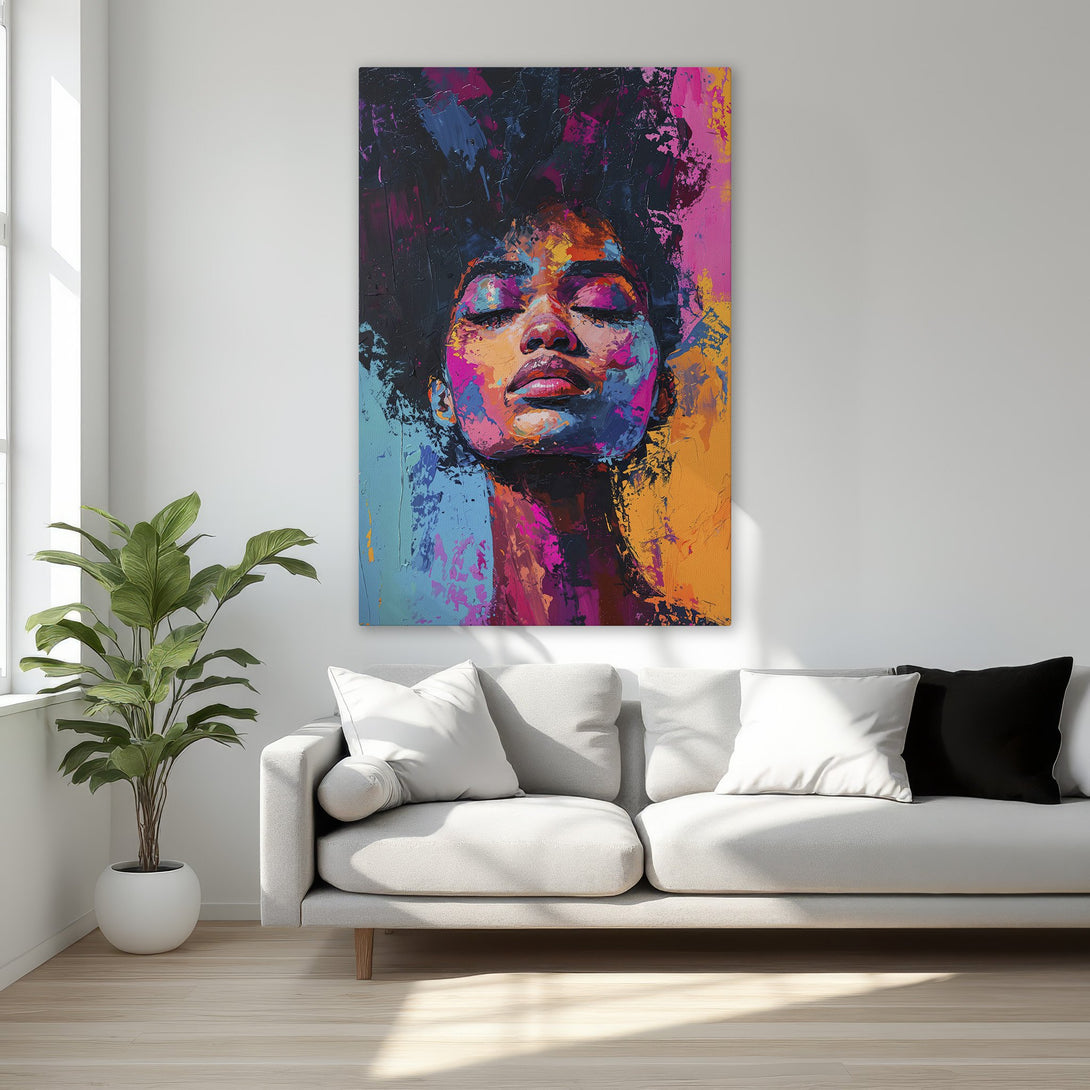 Framed Wall Art: Abstract portrait of a woman with closed eyes. Vibrant, colorful canvas print in a modern style, featuring pink, blue, and orange hues.