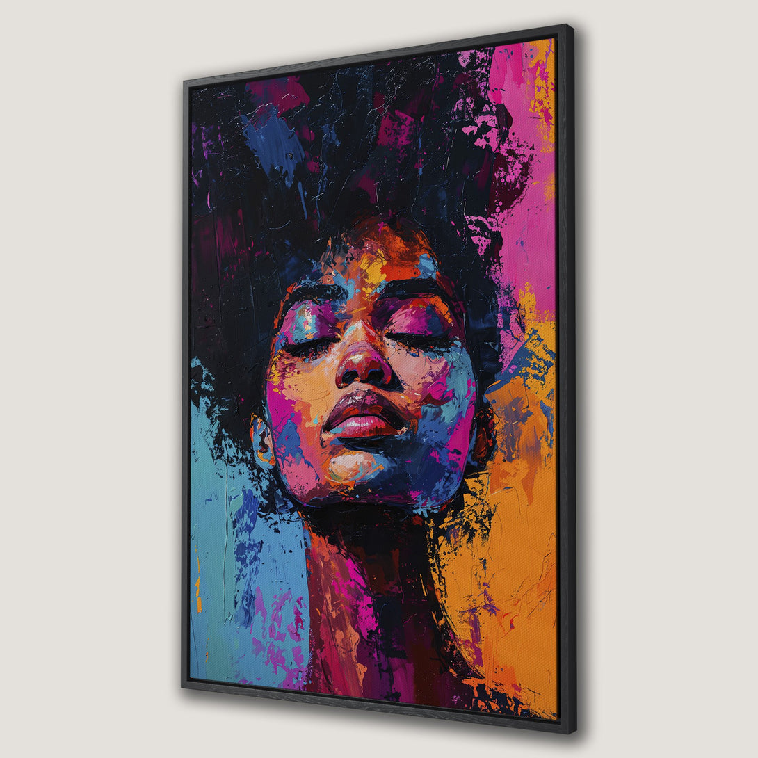 Framed Wall Art: Abstract portrait of a woman with closed eyes, vibrant brushstrokes in pink, orange, blue. Modern art for your home decor.