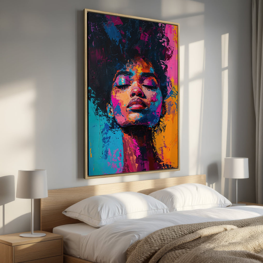 Framed Wall Art: Abstract portrait Canvas Print with vibrant colors. Modern art featuring a woman's face, perfect for bedroom decor.