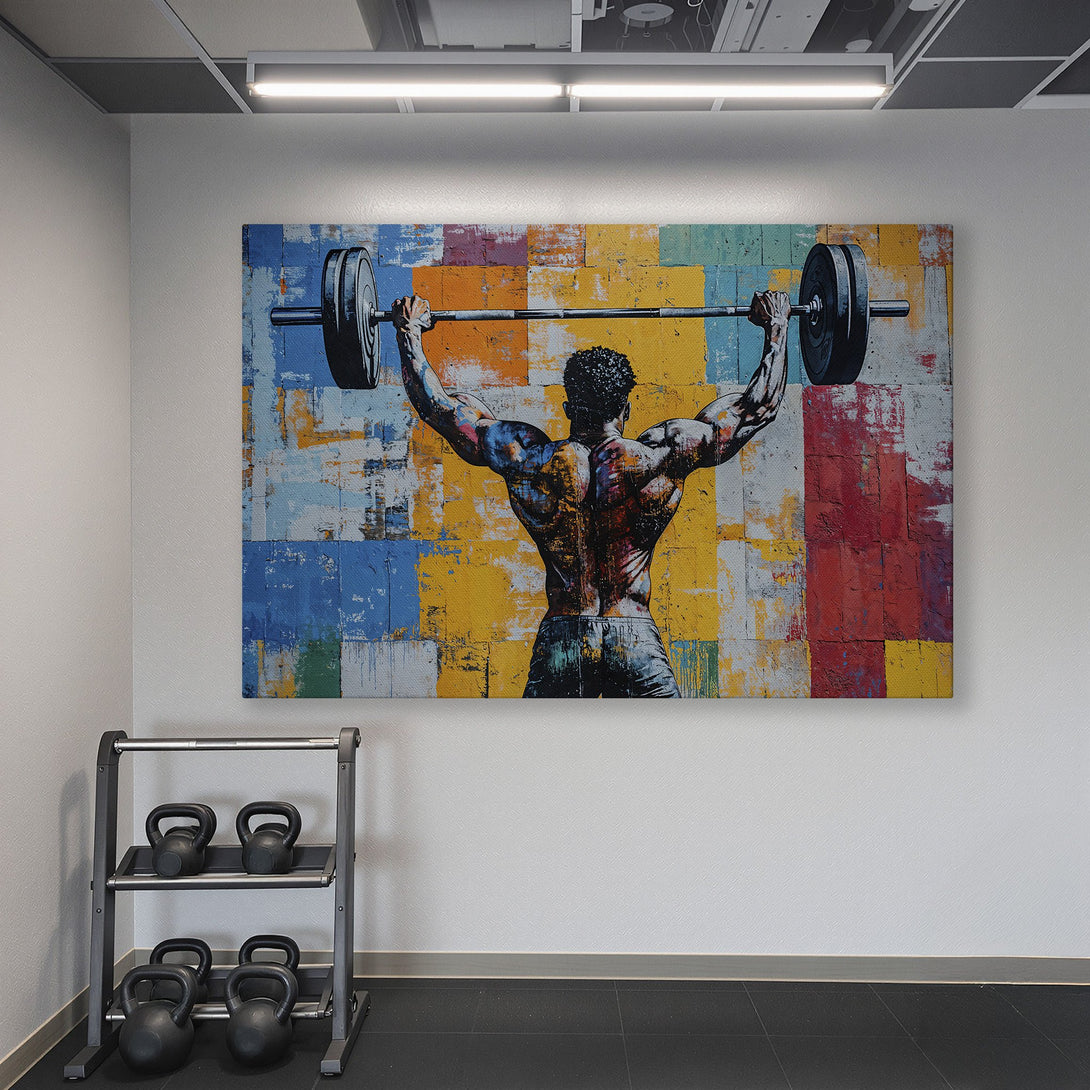Framed Wall Art: Abstract weightlifter canvas print in a gym setting. Bold, colorful artwork with a blue, yellow, and red palette. Perfect for home gyms!