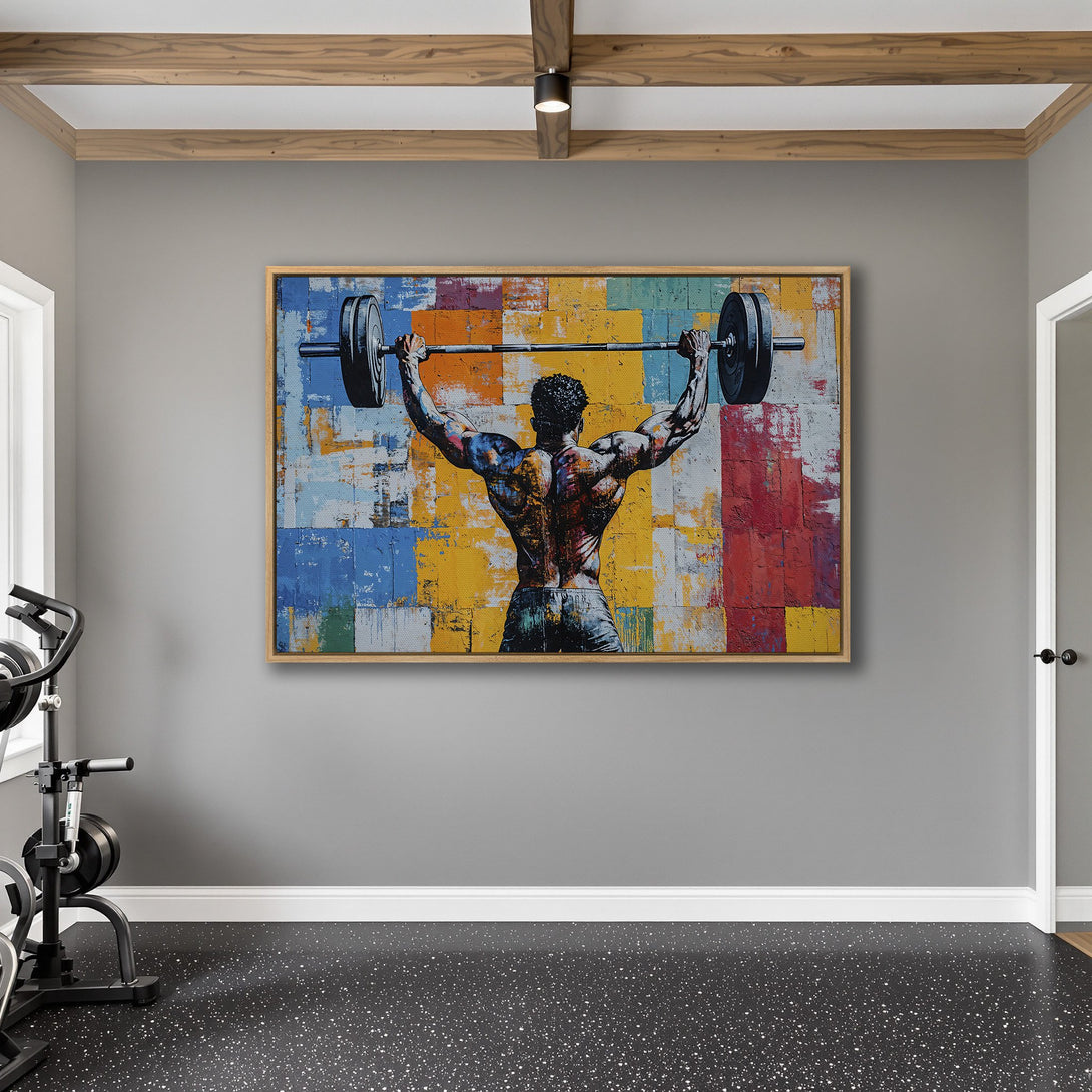 Framed Wall Art: Abstract weightlifter in vibrant colors. Modern Canvas Print adds bold style to any gym or home. Shop now!