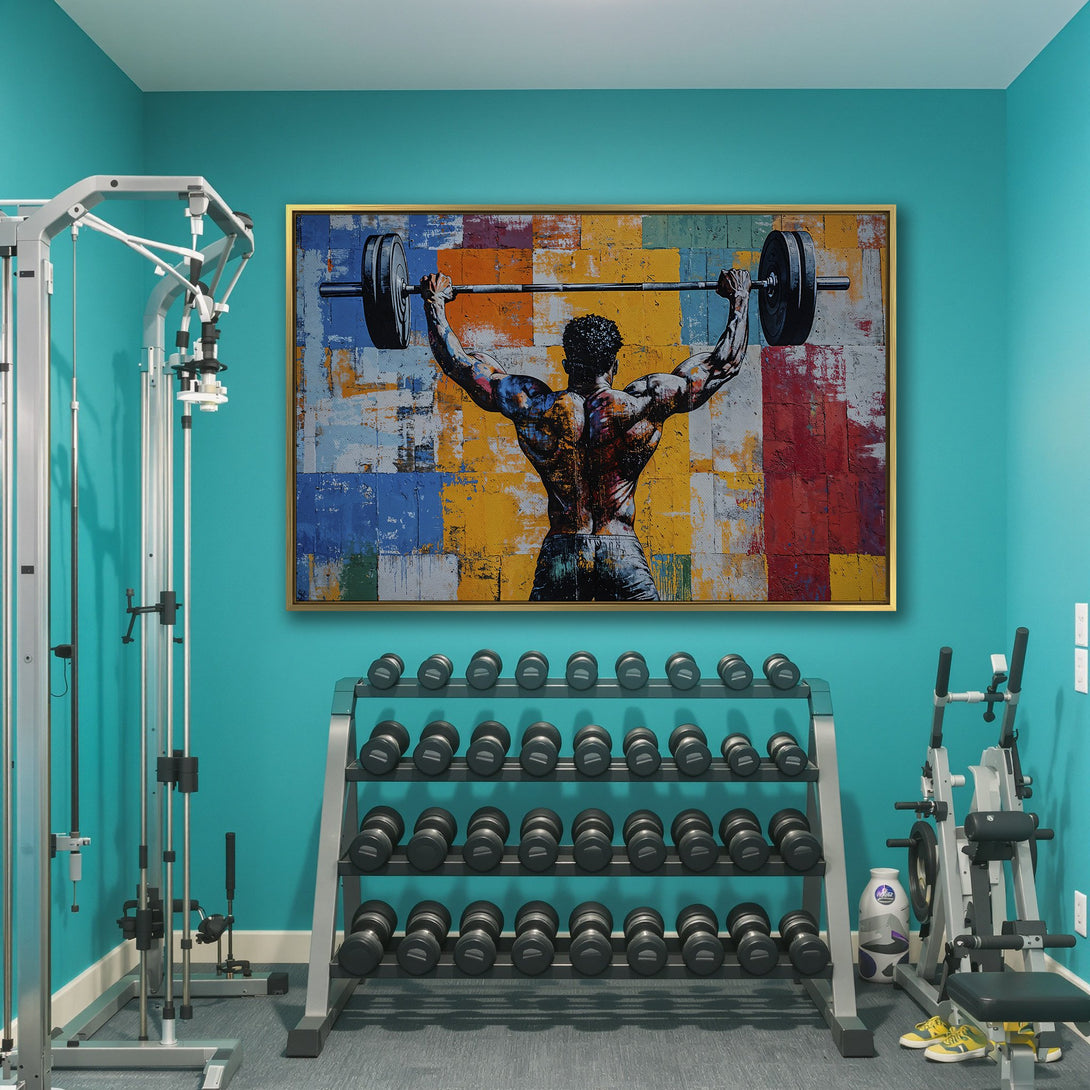 Canvas Print of a weightlifter with a colorful, abstract background. Bold, modern art with a vibrant, multi-colored palette. Perfect gym decor.