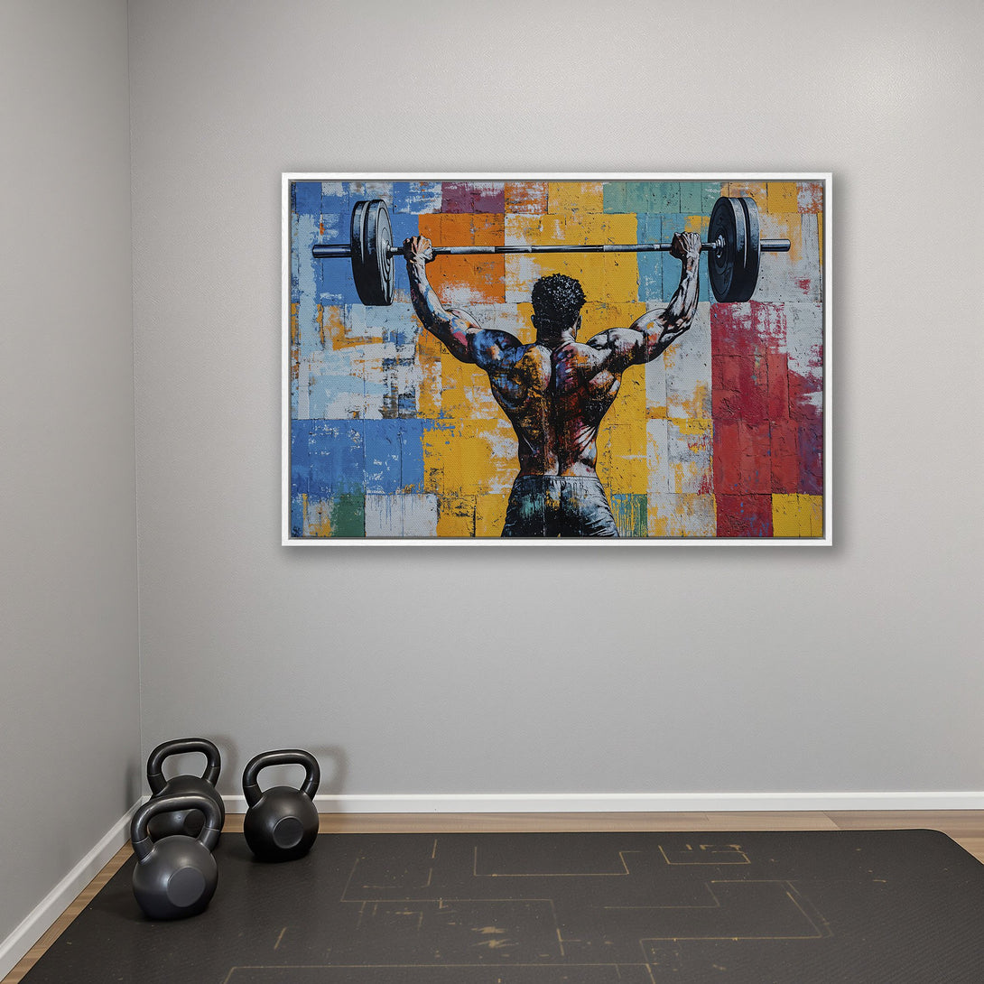 Framed Wall Art: Abstract canvas print of a weightlifter with a colorful, textured background. Bold, vibrant palette of blues, yellows, and reds. Perfect for home gyms!