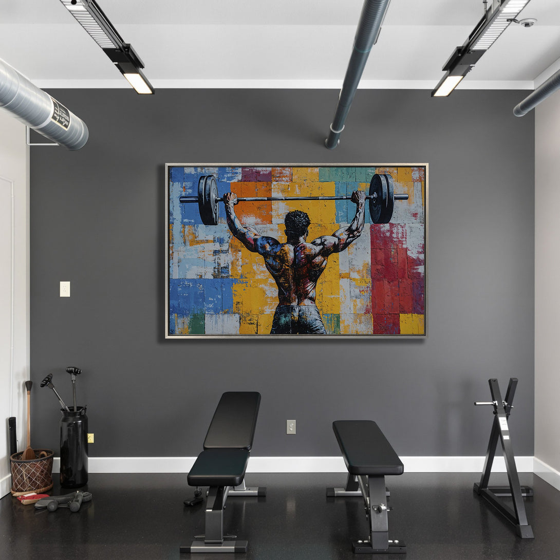 Framed Wall Art of a weightlifter in a gym, abstract style with a colorful palette. Perfect for home gym decor.