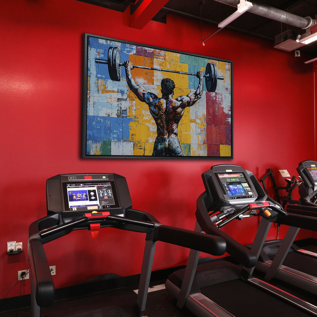 Framed Wall Art: Abstract weightlifter Canvas Print in a gym. Bold colors and modern style create an inspiring workout space. Shop now for motivational art!