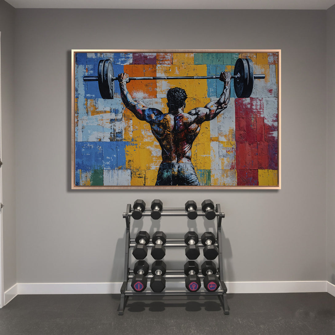 Framed Wall Art featuring a muscular figure lifting weights, vibrant abstract style with a colorful palette. Perfect for gym decor.