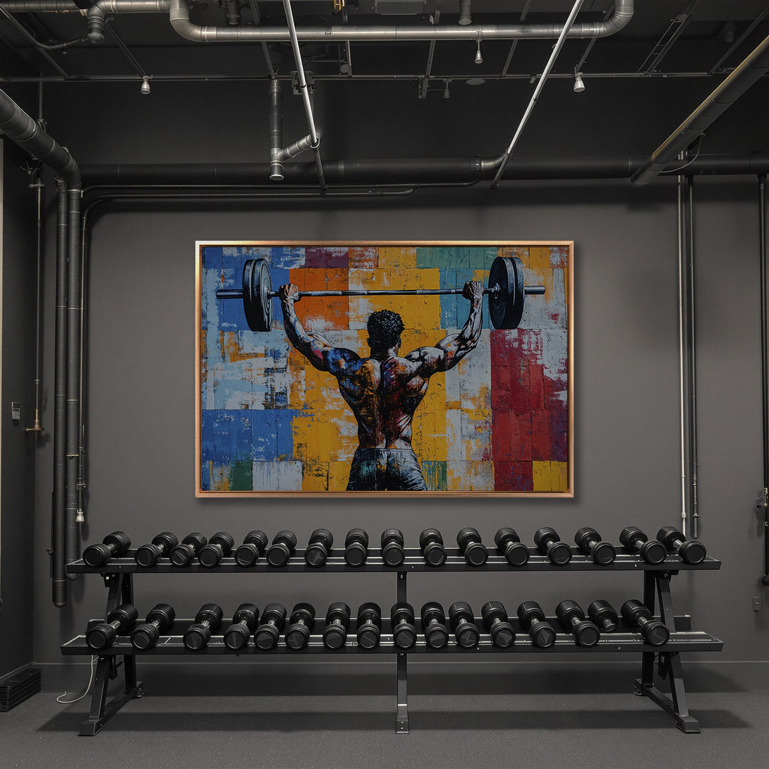 Framed Wall Art: Abstract weightlifter canvas print with vibrant, colorful palette. Perfect for gym decor or home workout space.