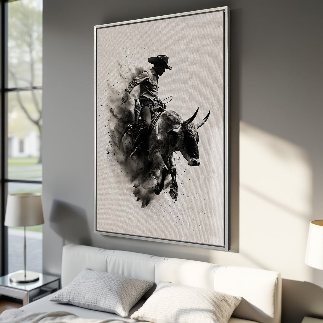 Framed Wall Art: Dynamic black and white cowboy bull riding art. Modern, rustic decor in a neutral color palette. Elevate your space with this striking Canvas Print.