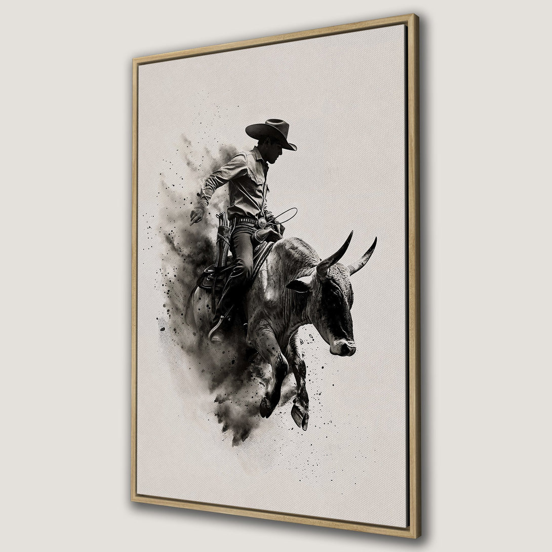 Framed Wall Art: Dramatic black and white canvas print of a cowboy riding a bucking bull. Rustic, western style art for your home decor.