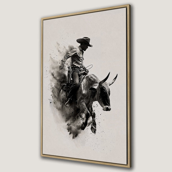 Framed Wall Art: Dramatic black and white canvas print of a cowboy riding a bucking bull. Rustic, western style art for your home decor.