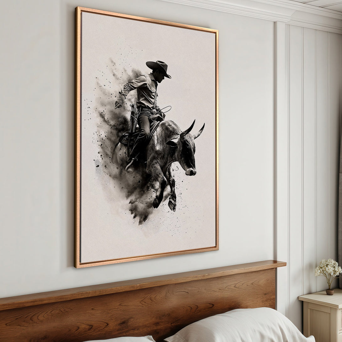 Framed Wall Art: Cowboy riding a bull, monochrome style. Perfect for rustic decor. Black and white canvas print adds a touch of western charm.