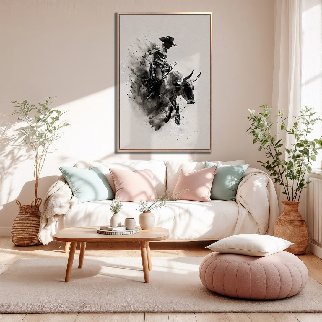 Framed Wall Art: Cowboy riding a bull, black and white artwork with a neutral color palette. Perfect for adding a touch of rustic charm to your home!