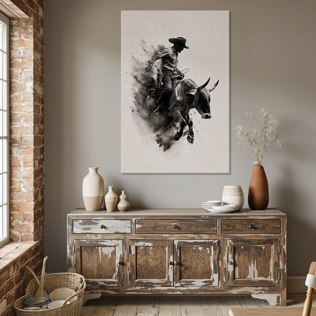 Framed Wall Art: Dramatic black & white Canvas Print of a cowboy riding a bull. Perfect western decor for your dining room or living space.