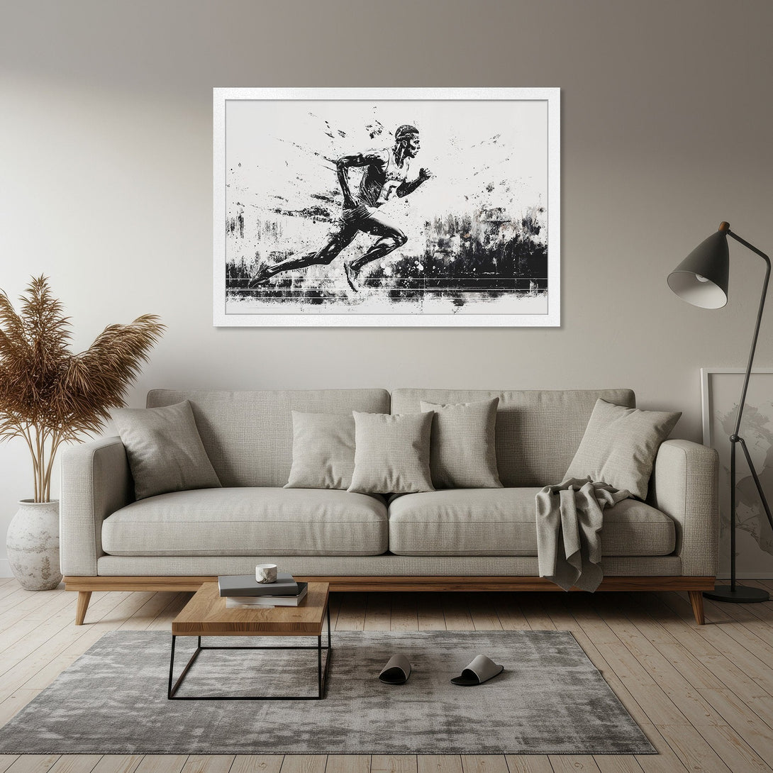 Framed Poster featuring a dynamic black and white runner art print. Modern style with a neutral color palette, perfect for home decor.