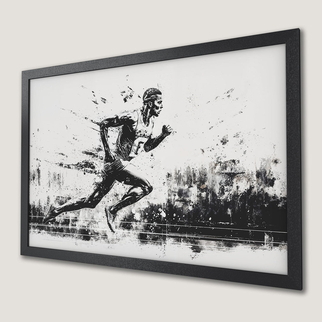 Framed Poster of a runner in a dynamic, abstract style. Monochrome color palette adds a bold, modern touch to any space.