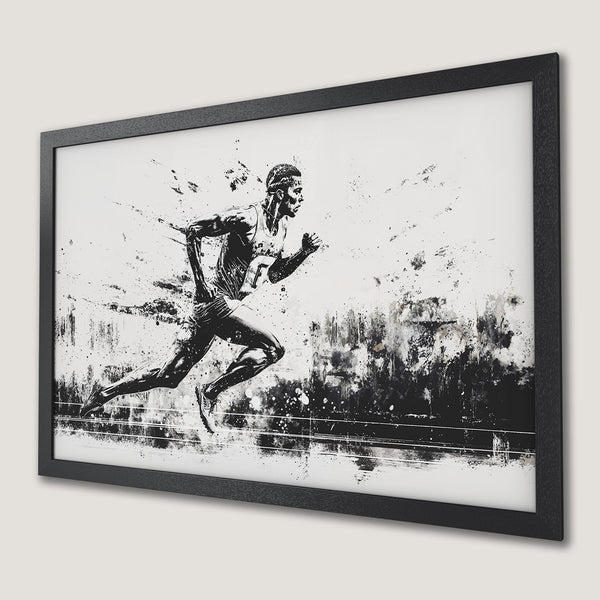 Framed Poster of a runner in a dynamic, abstract style. Monochrome color palette adds a bold, modern touch to any space.