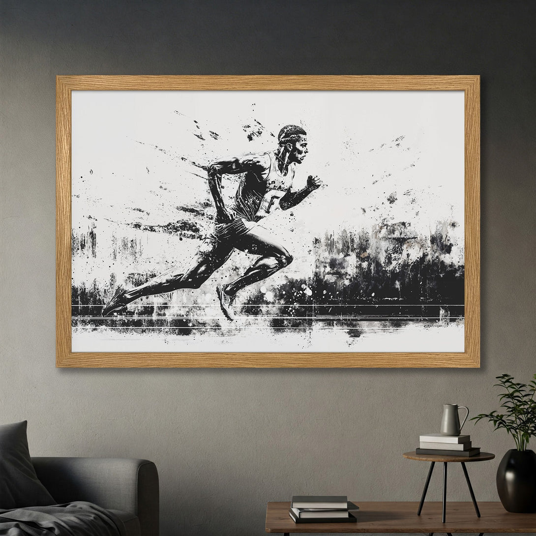 Framed Poster of a running athlete. Abstract black and white art print, perfect for modern decor. Dynamic and inspiring wall art.
