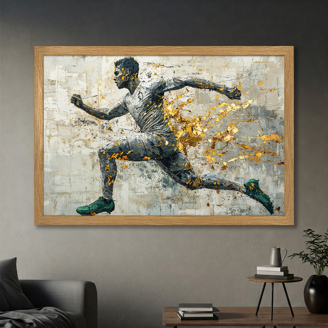 Framed Poster of a running athlete in abstract style, featuring gray, gold, and green color palette, perfect wall art for sports lovers.