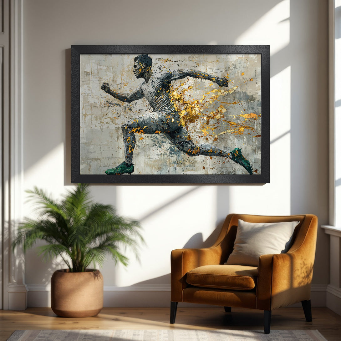 Framed Poster of a running athlete in abstract style, featuring grey, gold, and green hues. Perfect wall art for your home!