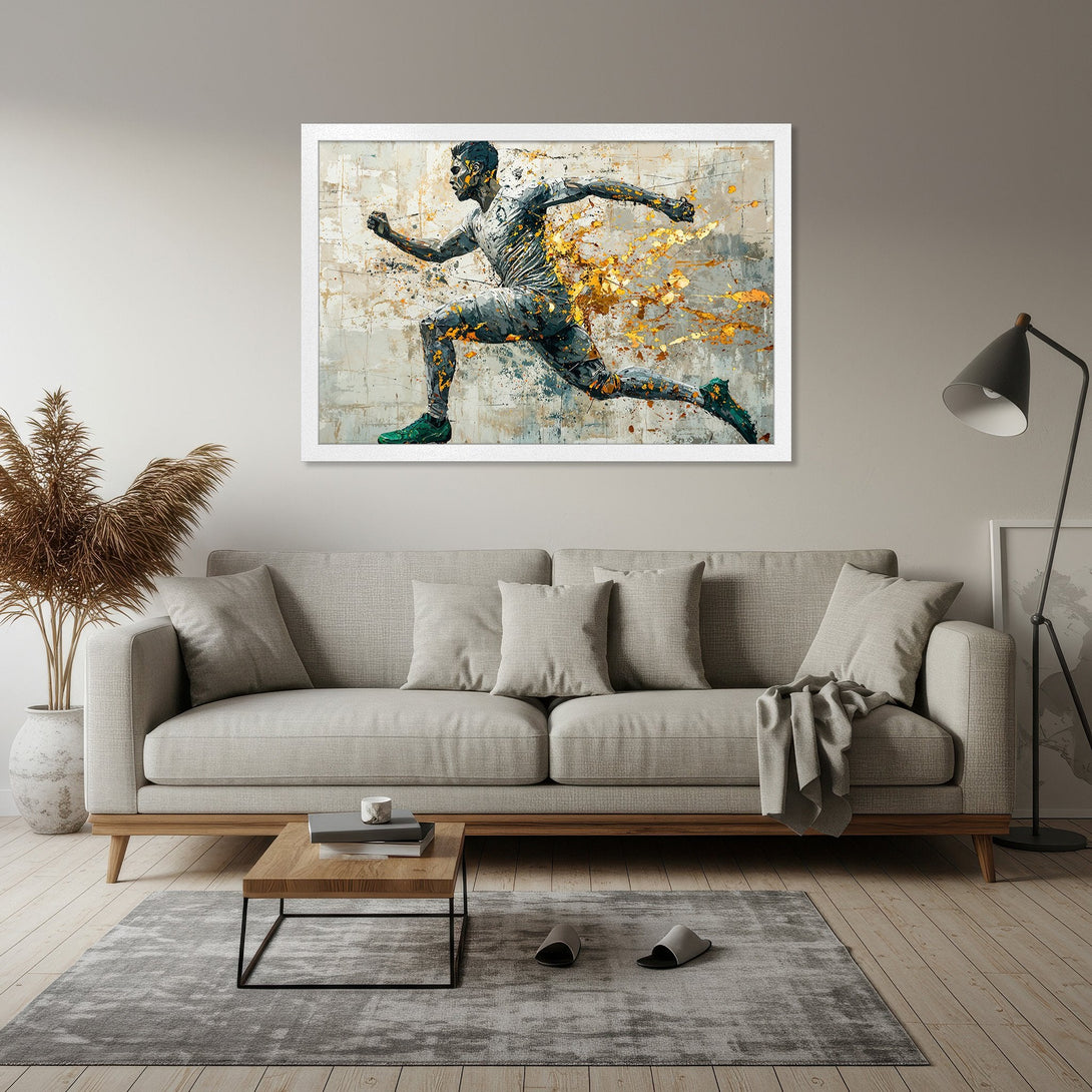 Framed Poster of a runner in abstract style, featuring a gray, gold, and green color palette. Perfect wall art for any space!
