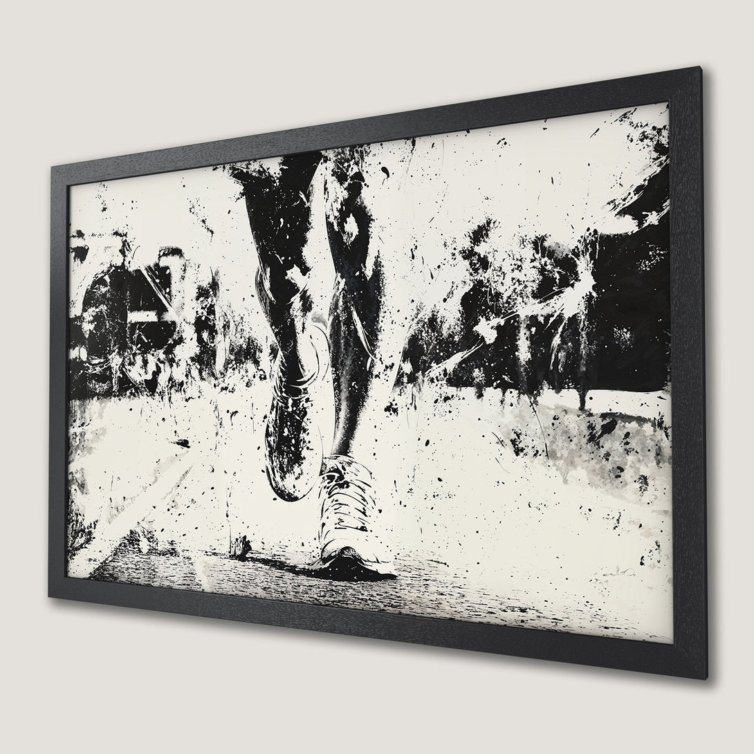 Framed Poster featuring a runner in dynamic, abstract style with a black and white color palette. Perfect for modern decor!