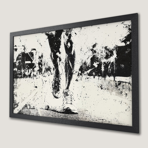 Framed Poster featuring a runner in dynamic, abstract style with a black and white color palette. Perfect for modern decor!