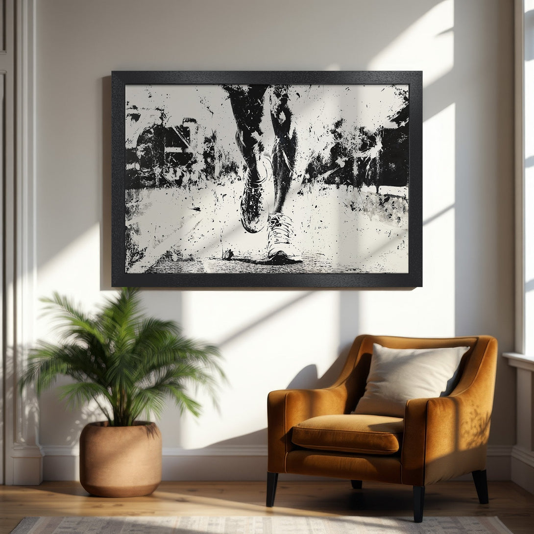 Framed Poster of running legs in a black and white abstract style. Perfect for a modern home, featuring a dynamic design.