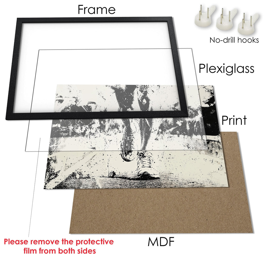 Framed Poster featuring a monochrome abstract art print. Stylish black frame, neutral palette. Perfect wall decor!