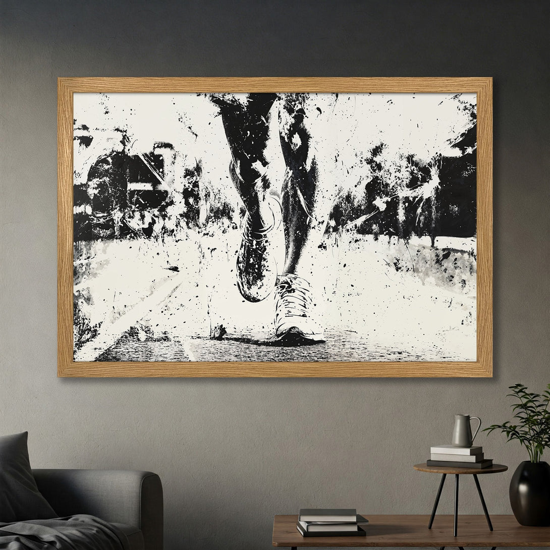Framed Poster featuring a runner in abstract black and white style. Perfect for modern home decor.