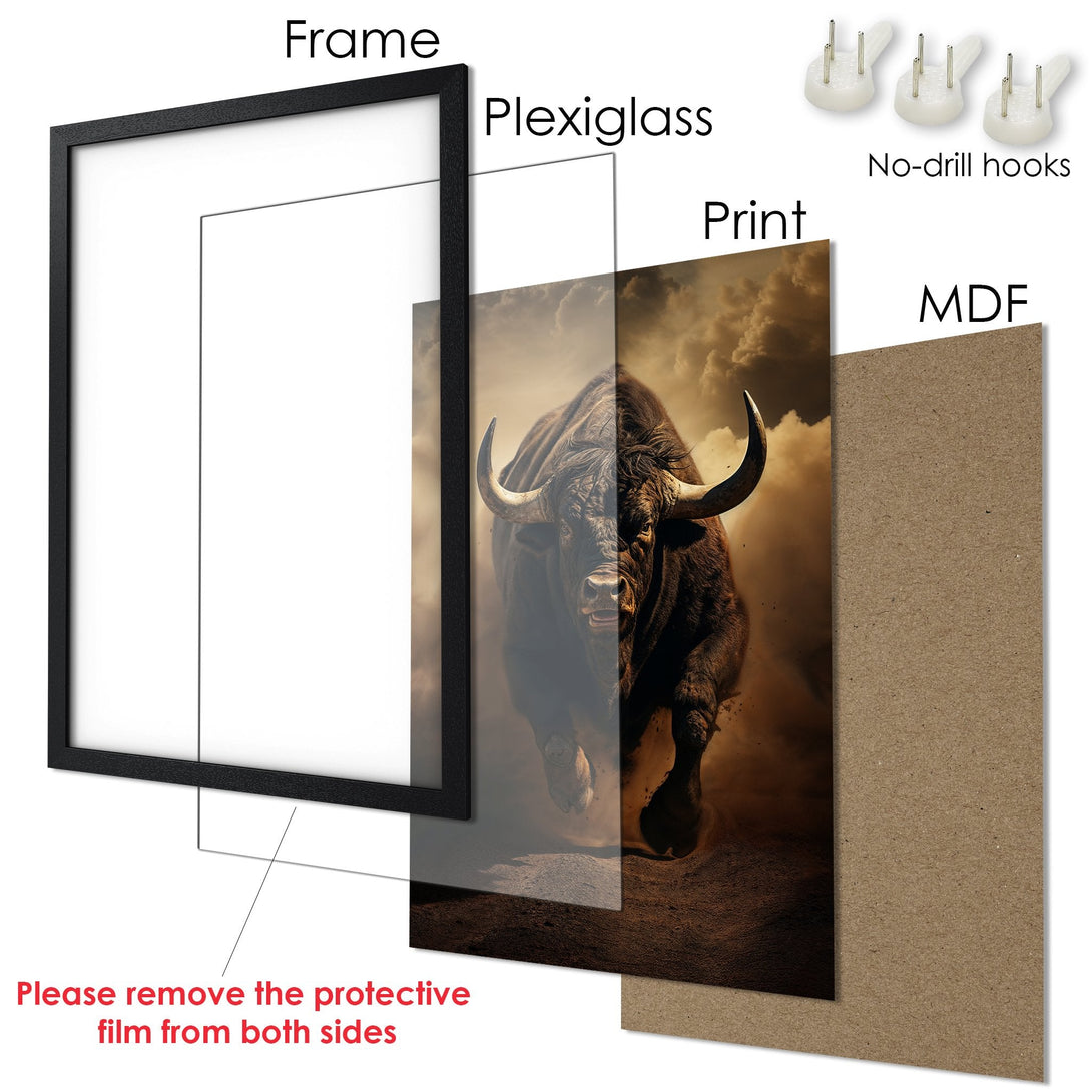 Framed Poster featuring a powerful bull in a dynamic style with a warm, earthy color palette. Ready to hang!