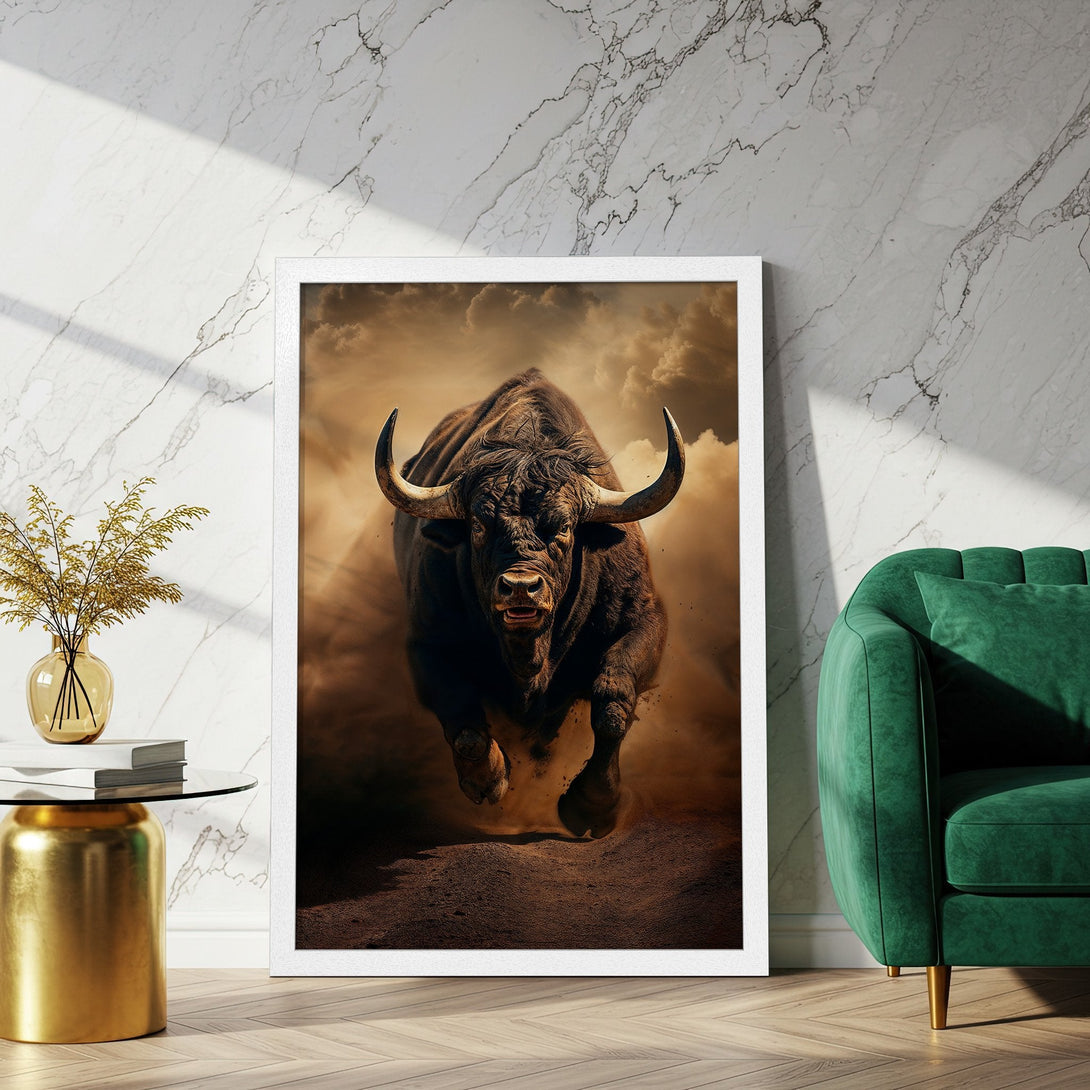 Framed Poster featuring a powerful bull in a dramatic style with a warm, earthy color palette. Add this stunning art to your home!