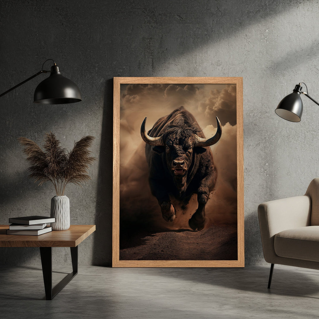 Framed Poster featuring a powerful bull charging, artistic style with earthy tones. Elevate your space with this striking artwork!