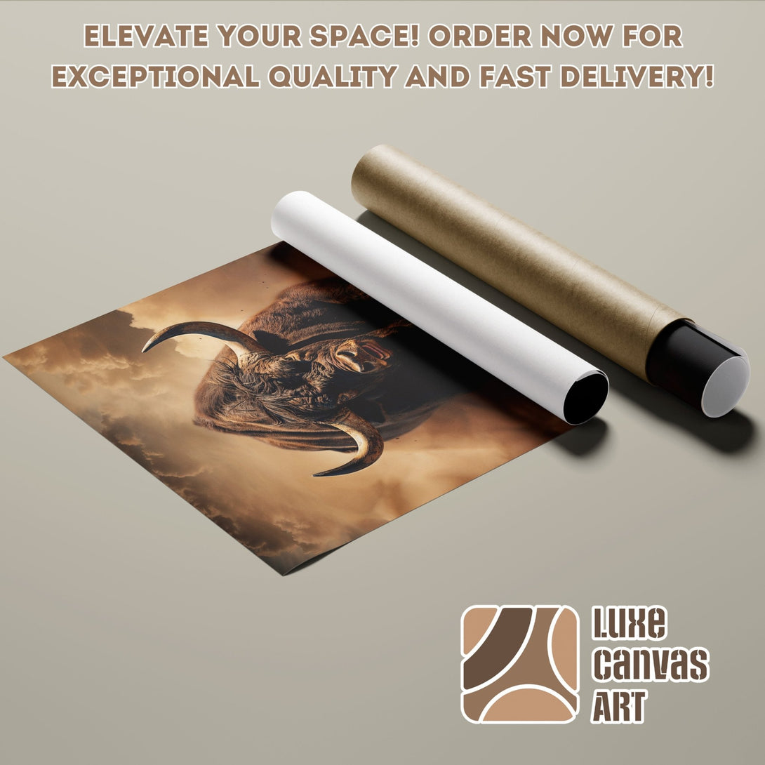 Poster Roll featuring a majestic bull, warm brown tones. Elevate your space with this stunning art piece! Order now for fast delivery.