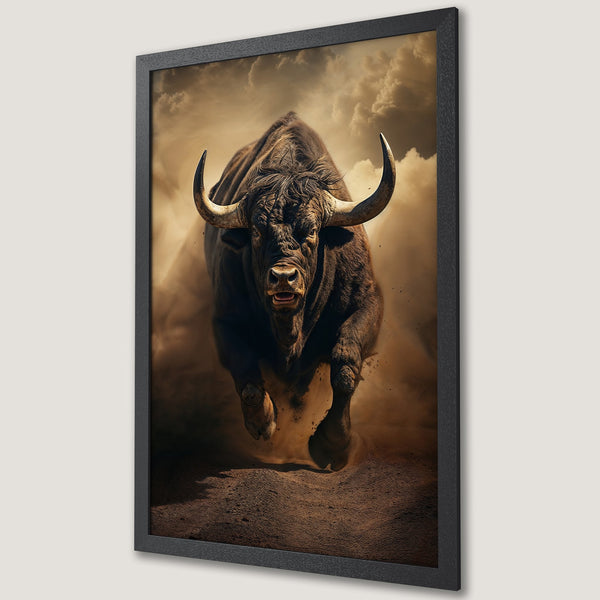 Framed Poster of a powerful bull charging forward. Dramatic style, warm brown and tan color palette. Add this stunning art to your wall!
