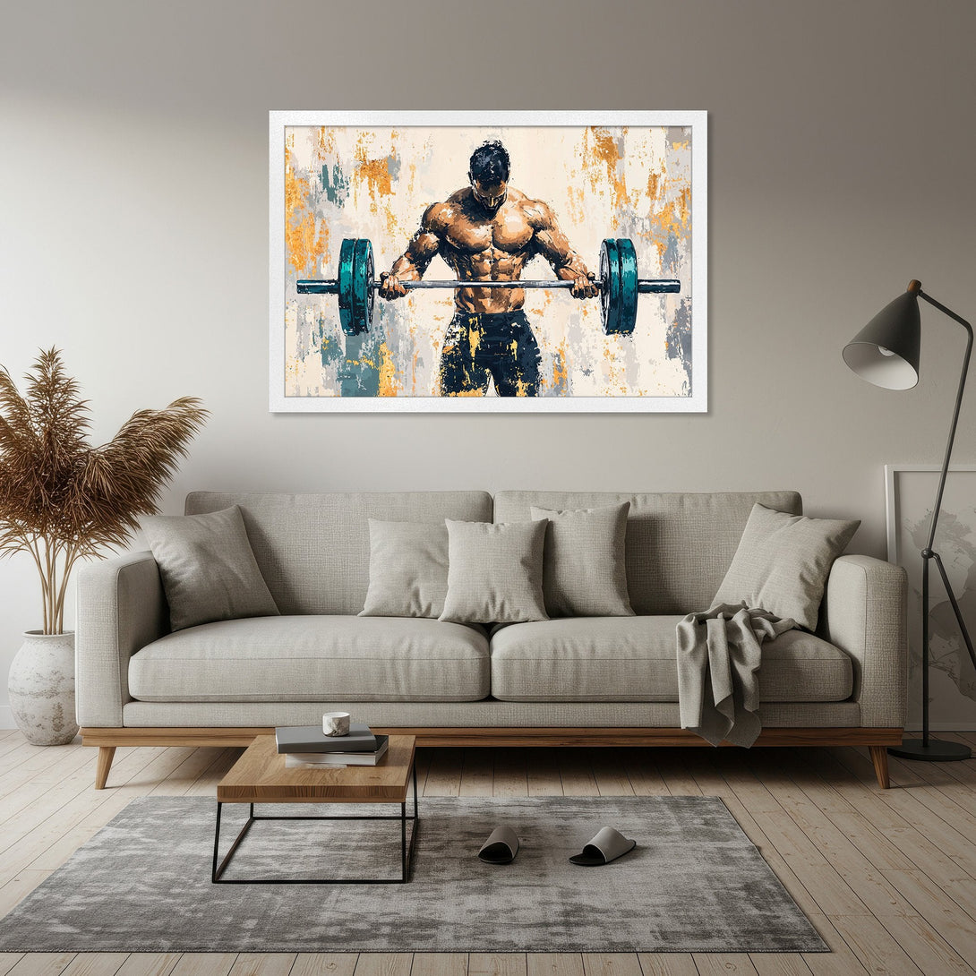 Framed Poster of a muscular bodybuilder lifting weights. Abstract style with a neutral, gold, and teal color palette. Perfect for gym decor.